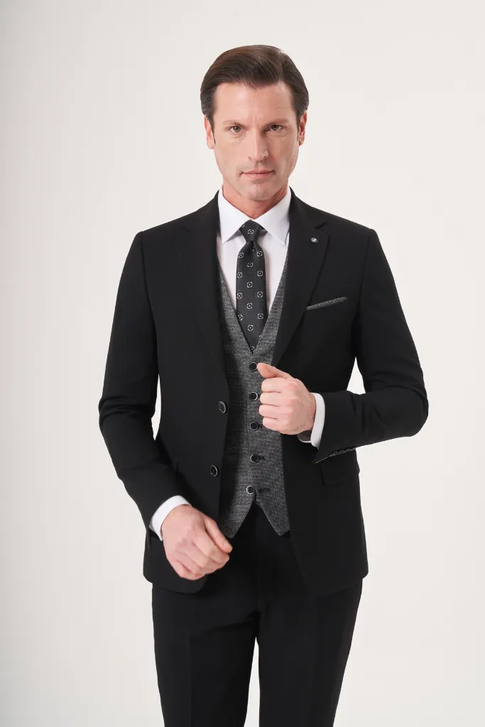 Jakamen Men’s Black Slim Fit Vest Suit