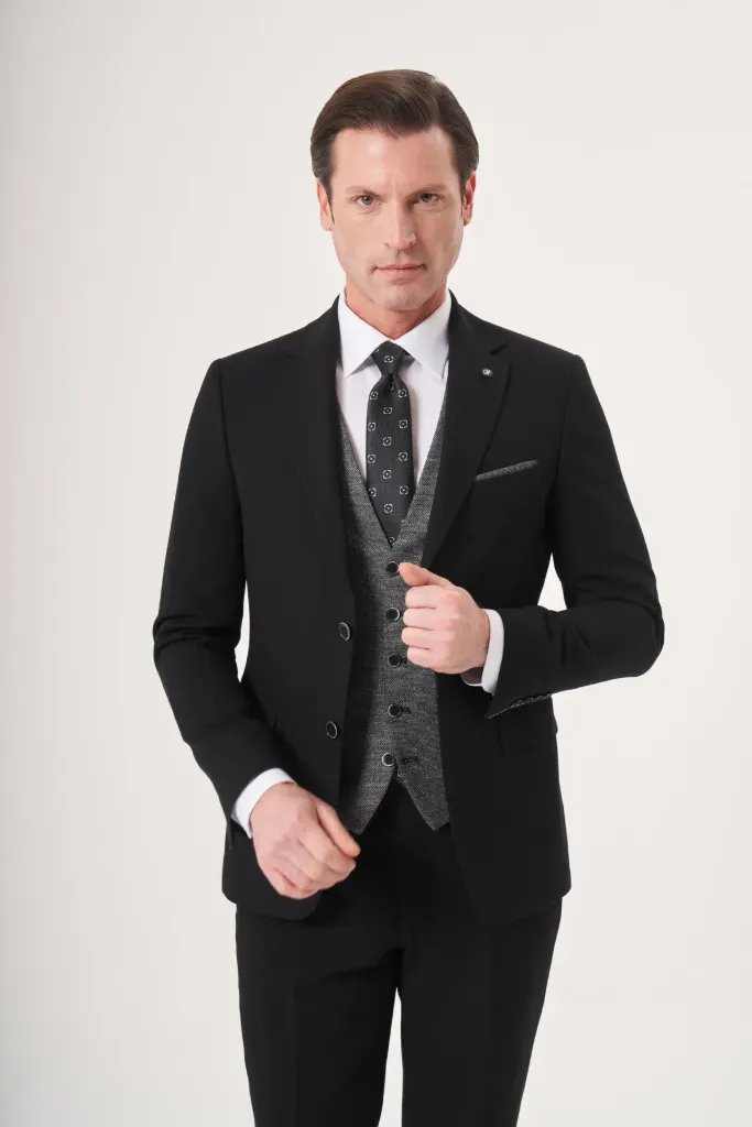 Jakamen Men’s Black Slim Fit Vest Suit