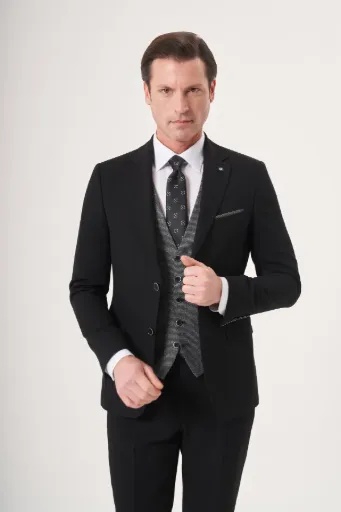 Jakamen Men’s Black Slim Fit Vest Suit